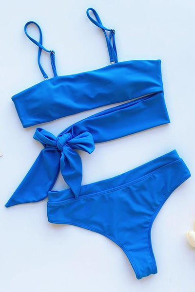 Tied Strapless Solid Bikini Set - girlyrose.com