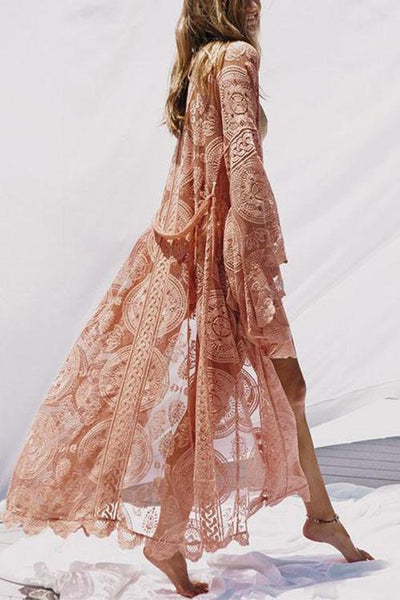 Flares Sleeve Lace Long Cover Up With Belted - girlyrose.com