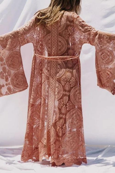Flares Sleeve Lace Long Cover Up With Belted - girlyrose.com