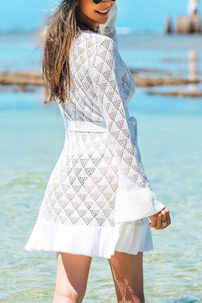 Hollow Ruffles Hem Bleted Cover Cardigan - girlyrose.com