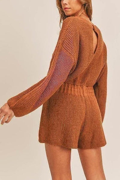 O Neck Puff Long Drawstring Sweater Romper