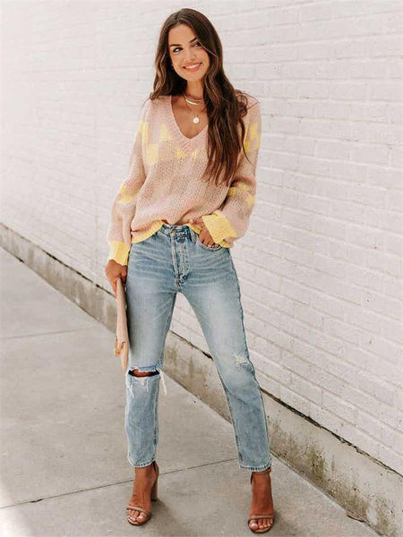 Fashion Contrast Color V-neck Long Sleeve Casual Loose Sweater-Corachic