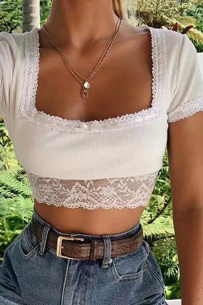 Lace Patchwork Square Neck Crop T Shirt