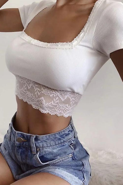 Lace Patchwork Square Neck Crop T Shirt