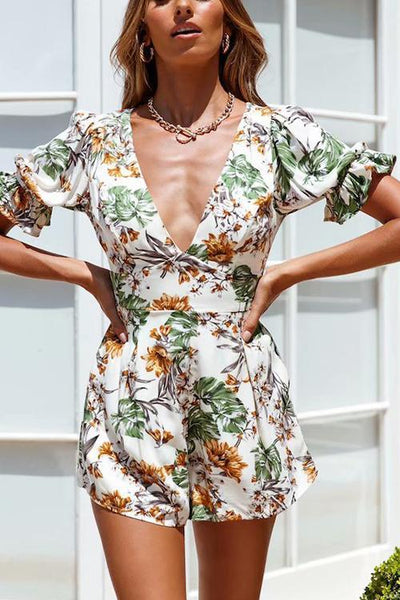 Flower Print Deep V Neck Backless Romper