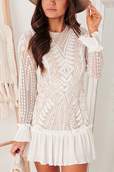 Lace Pleated Long Sleeve Ruffle Dress