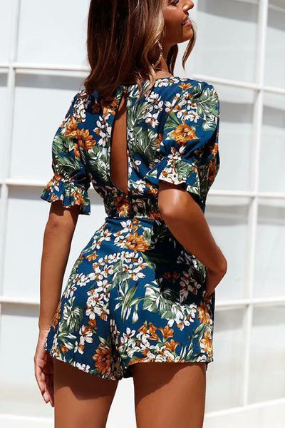 Flower Print Deep V Neck Backless Romper