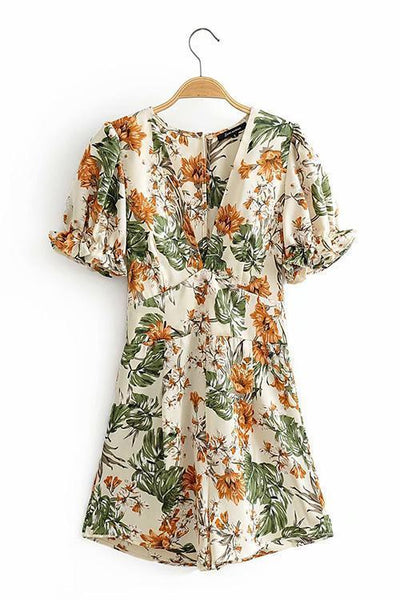 Flower Print Deep V Neck Backless Romper