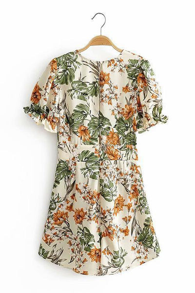 Flower Print Deep V Neck Backless Romper