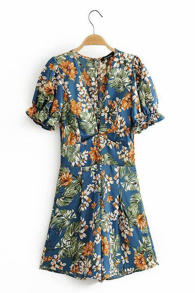 Flower Print Deep V Neck Backless Romper