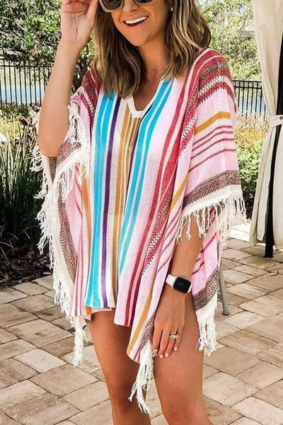 Colorful Stripe Tassels Cover Up - girlyrose.com