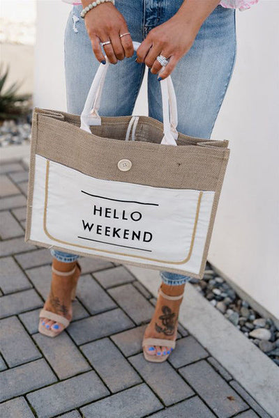 HELLO WEEKEND Jute Tote Bag