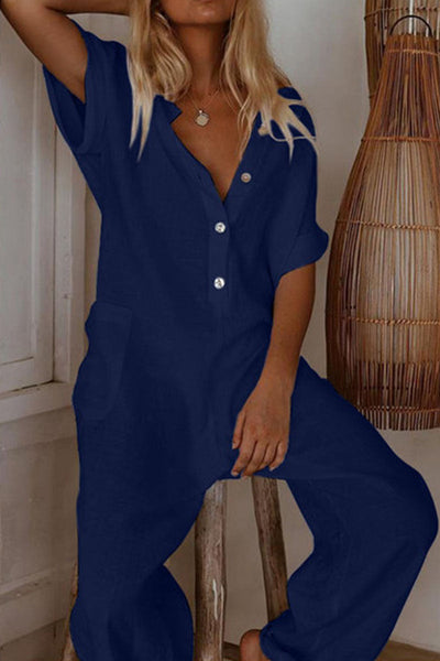 Fashion Casual Solid V Neck Loose Jumpsuits(4 Colors)