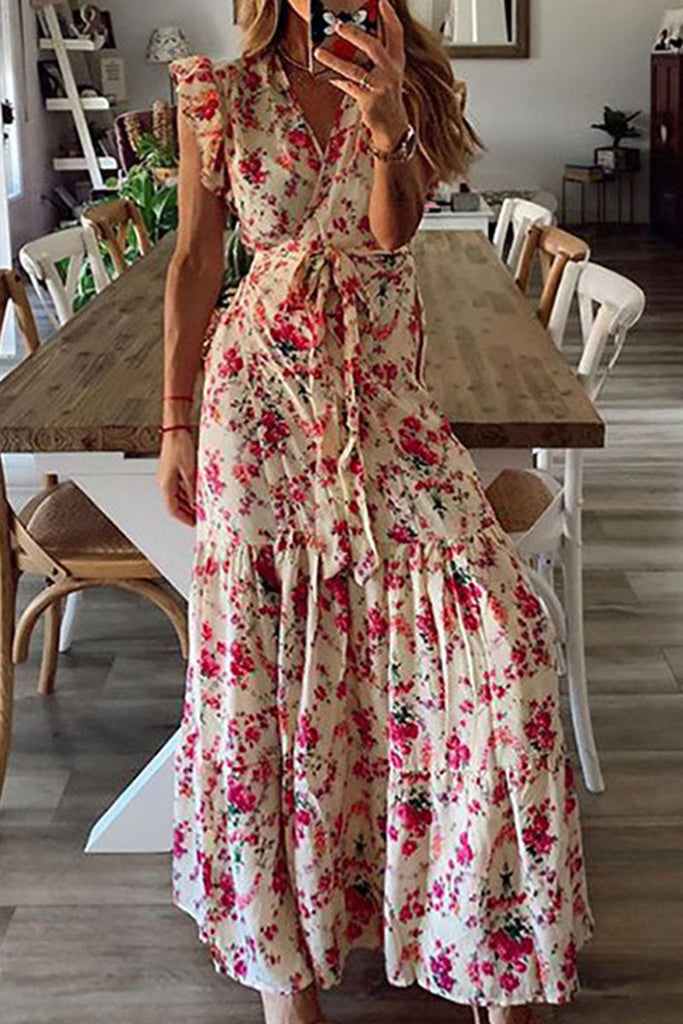 Vacation v collar printed clearance flying sleeve frenulum maxi dress