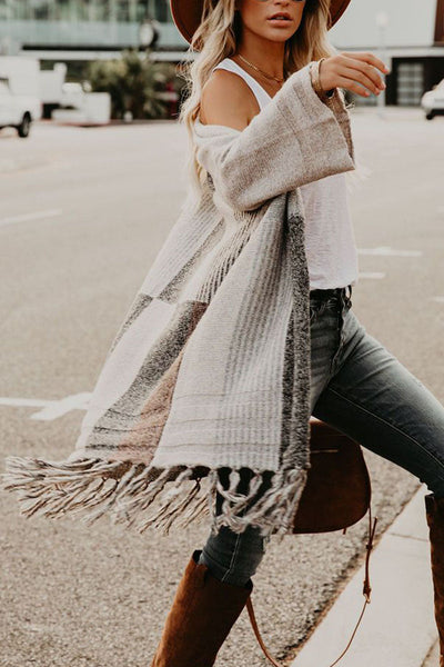 Fringe Colorblock Open Front Cardigan