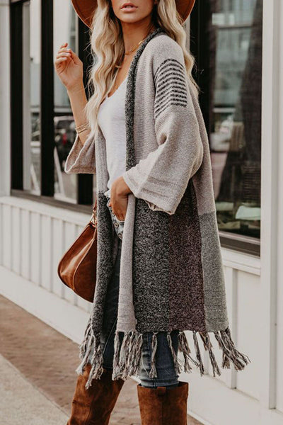 Fringe Colorblock Open Front Cardigan