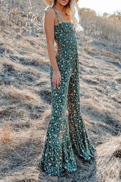 Fashion Living Print Patchwork Spaghetti Strap Boot Cut Jumpsuits