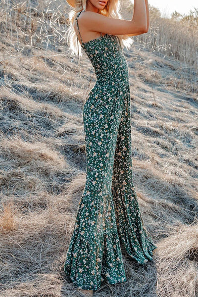 Fashion Living Print Patchwork Spaghetti Strap Boot Cut Jumpsuits