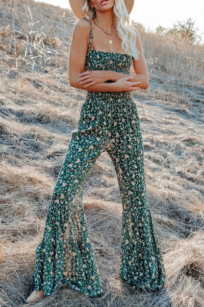 Fashion Living Print Patchwork Spaghetti Strap Boot Cut Jumpsuits