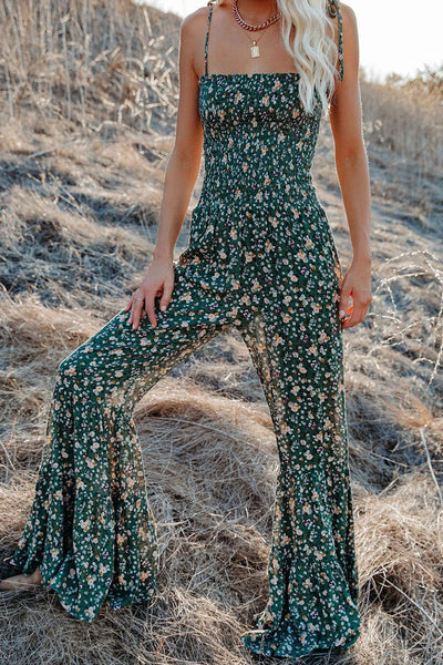 Fashion Living Print Patchwork Spaghetti Strap Boot Cut Jumpsuits