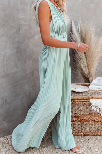 Pleated V Neck Wide Leg Jumpsuit