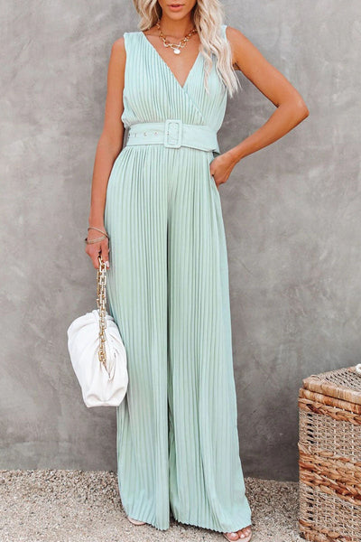 Pleated V Neck Wide Leg Jumpsuit