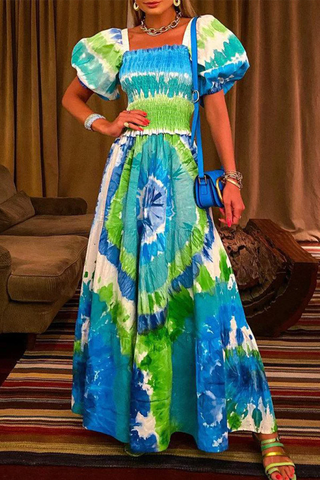 Fashion Elegant Tie Dye Patchwork Square Collar A Line Dresses