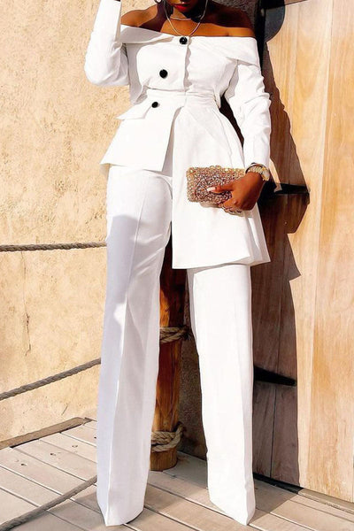 Elegant Solid Patchwork Buttons Asymmetrical Off the Shoulder Long Sleeve Two Pieces