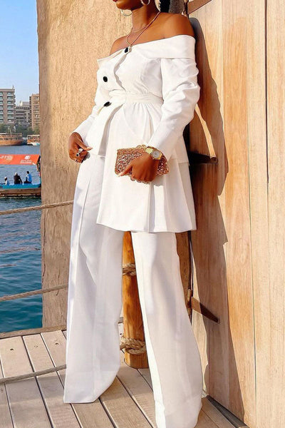 Elegant Solid Patchwork Buttons Asymmetrical Off the Shoulder Long Sleeve Two Pieces