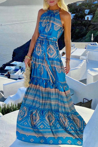 Elegant Vacation Print Patchwork Frenulum Halter Waist Skirt Dresses