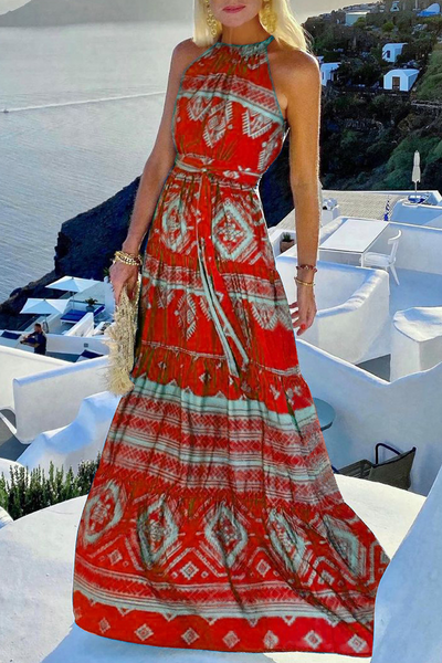 Elegant Vacation Print Patchwork Frenulum Halter Waist Skirt Dresses