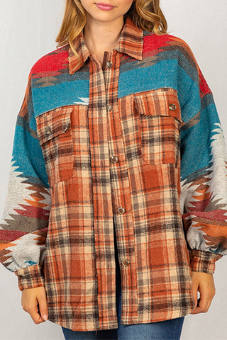 Plaid Aztec Patchwork Pockets Shacket