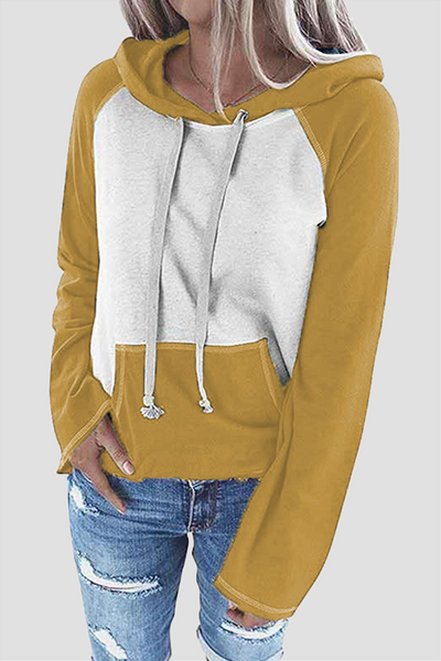 Casual Patchwork Draw String Pocket Hooded Collar Tops(7 Colors)