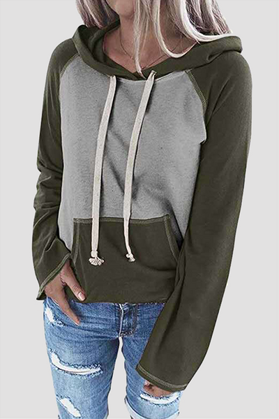 Casual Patchwork Draw String Pocket Hooded Collar Tops(7 Colors)