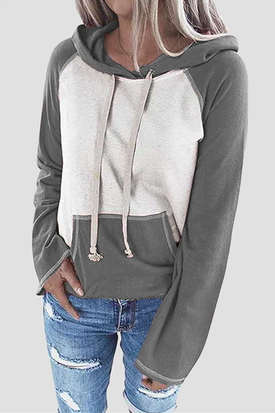 Casual Patchwork Draw String Pocket Hooded Collar Tops(7 Colors)