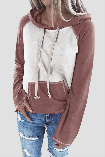 Casual Patchwork Draw String Pocket Hooded Collar Tops(7 Colors)