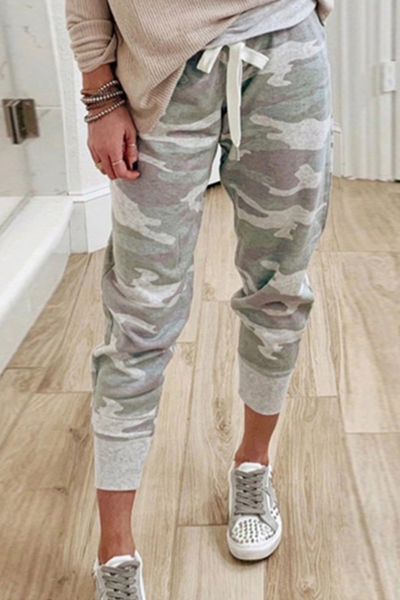 Casual Camouflage Print Draw String Capris Patchwork Bottoms