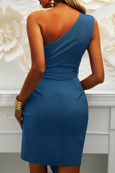 Sexy Solid Patchwork One Shoulder Pencil Skirt Dresses