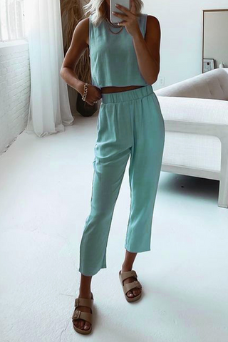 Casual Solid Patchwork O Neck Sleeveless Two Pieces