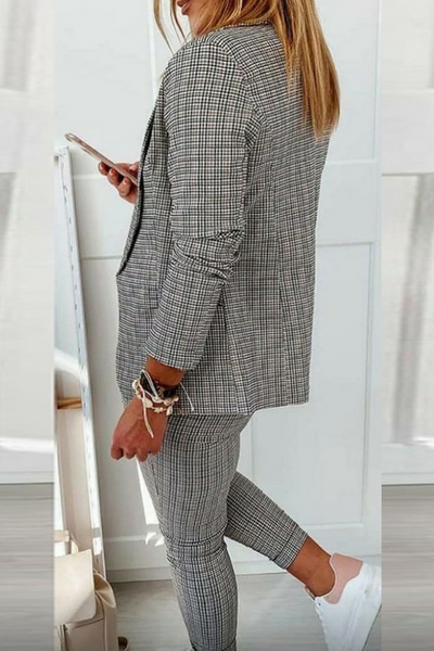 Casual Street Plaid Patchwork Turndown Collar Long Sleeve Two Pieces