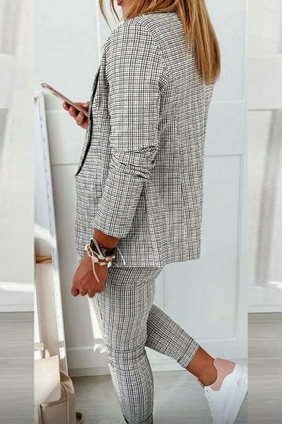 Casual Street Plaid Patchwork Turndown Collar Long Sleeve Two Pieces