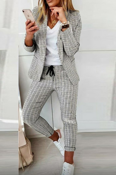 Casual Street Plaid Patchwork Turndown Collar Long Sleeve Two Pieces