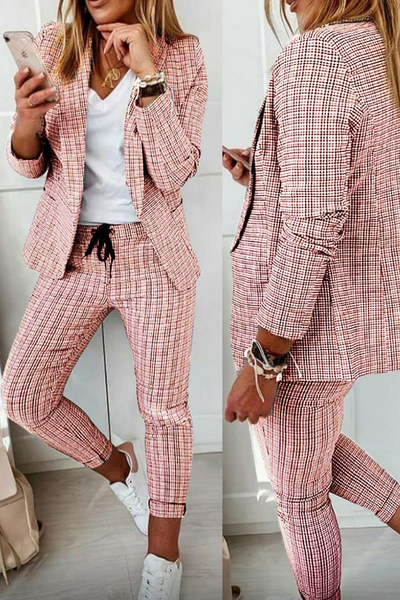 Casual Street Plaid Patchwork Turndown Collar Long Sleeve Two Pieces