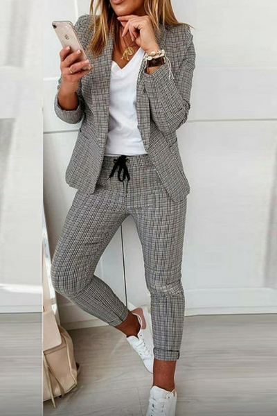 Casual Street Plaid Patchwork Turndown Collar Long Sleeve Two Pieces