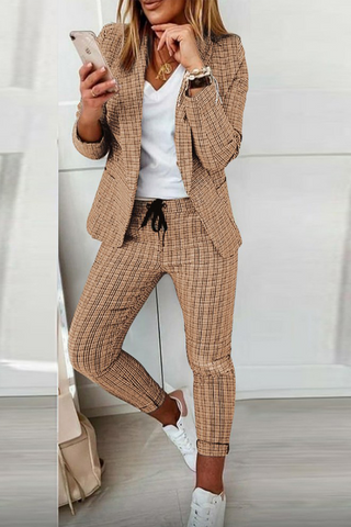 Casual Street Plaid Patchwork Turndown Collar Long Sleeve Two Pieces