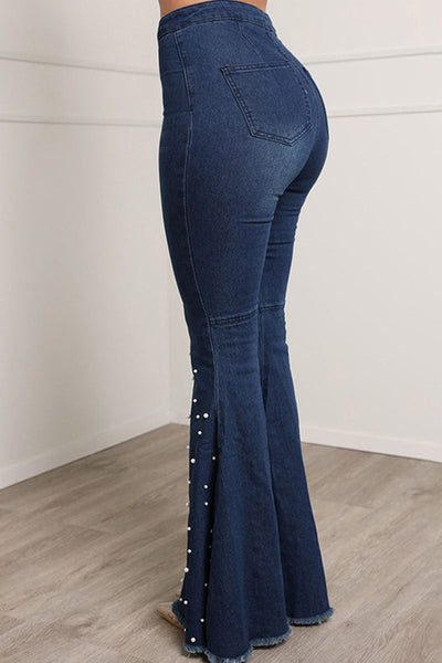 Casual Street Solid Patchwork Beading High Waist Boot Cut Denim Jeans