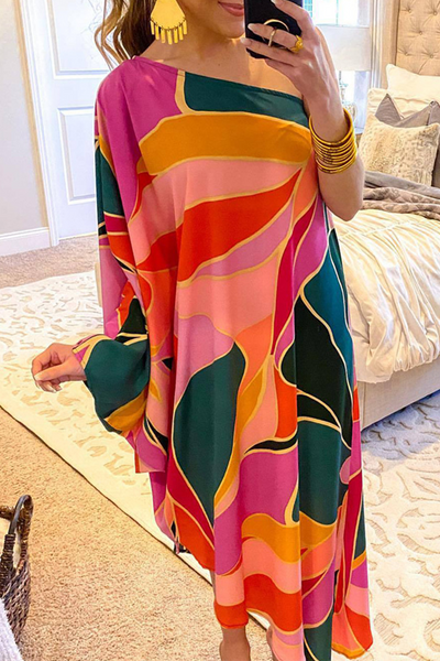 Casual Print Patchwork One Shoulder Straight Dresses