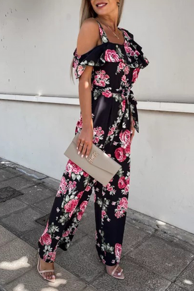 Floral Ruffles One Shoulder Belted Jumpsuits