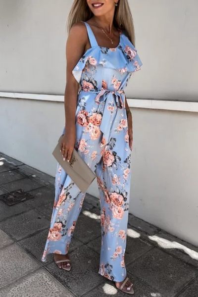 Floral Ruffles One Shoulder Belted Jumpsuits