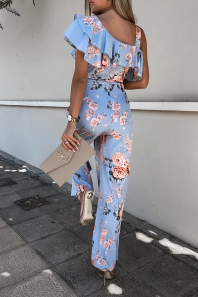 Floral Ruffles One Shoulder Belted Jumpsuits